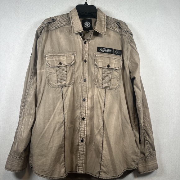 Affliction Live Fast Profuse Stretch LongSleeve ButtonUp Mens Shirt Sz XL Beige - Picture 1 of 8